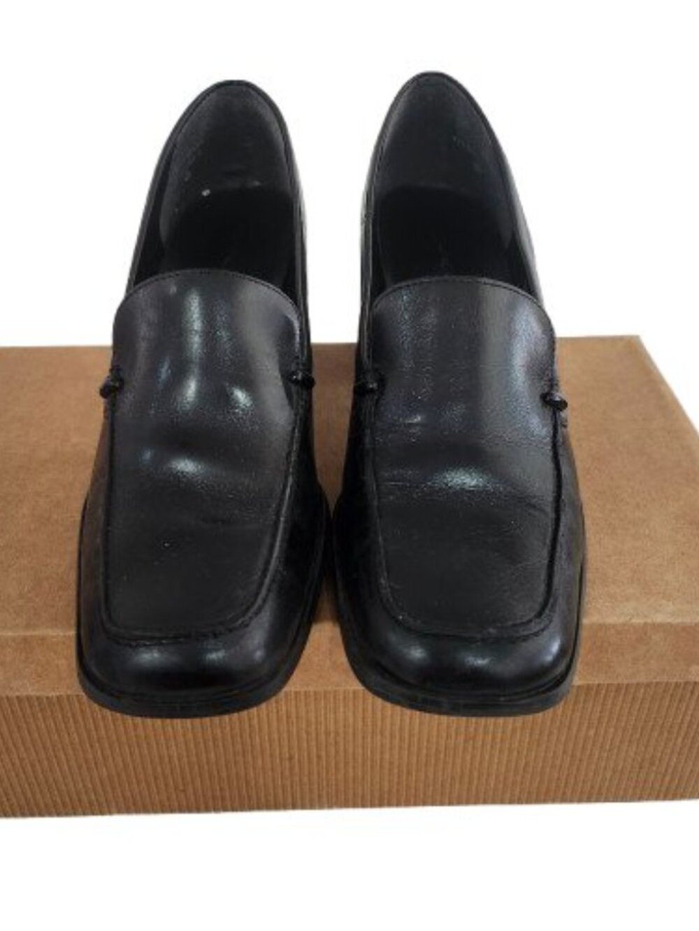 Bandolino Black Bugatti Leather High Heel Loafer’s Square Toe Block Heel Brazil